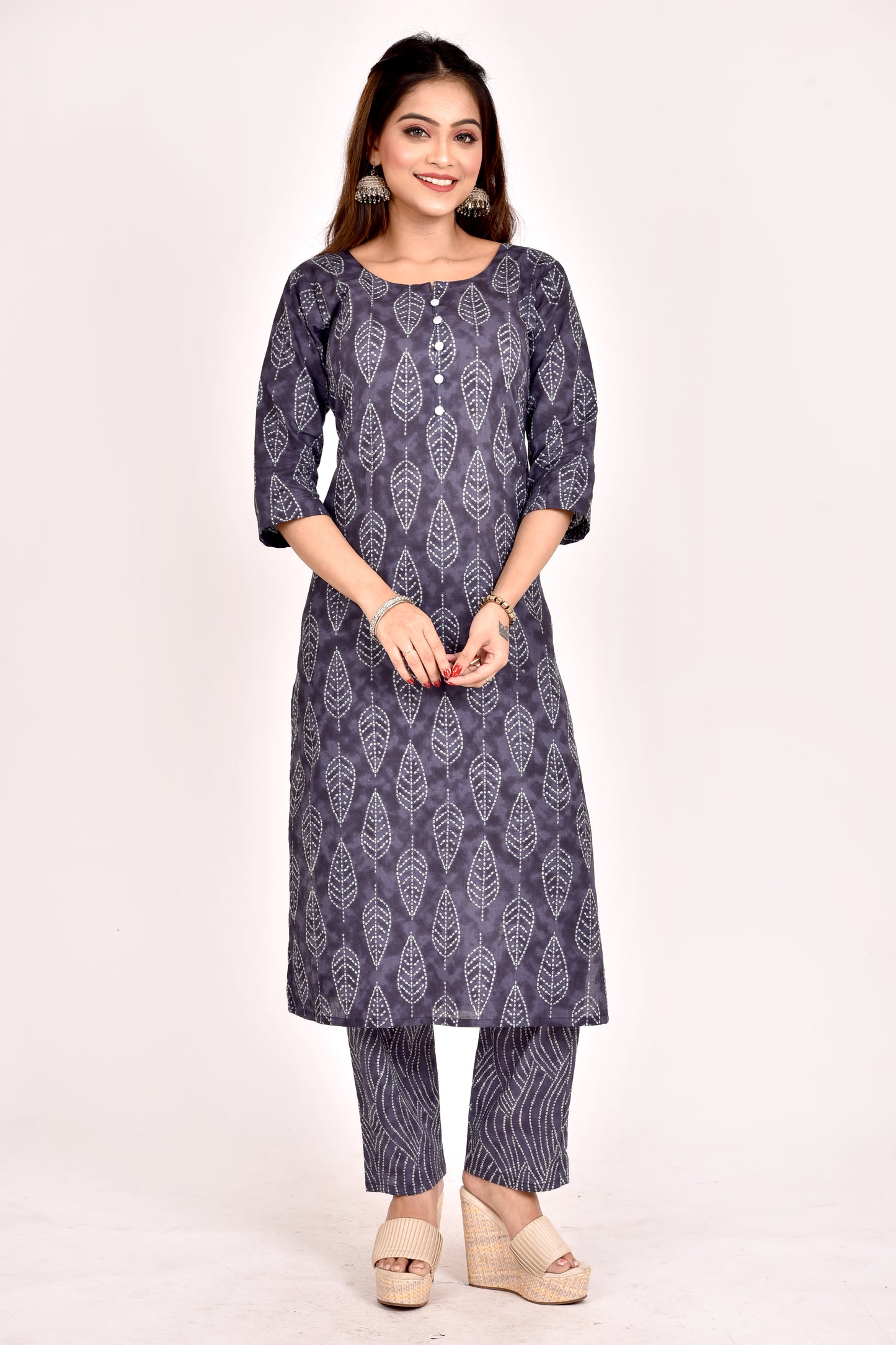 Charcoal Grey Leaf Print Kurta With Pant