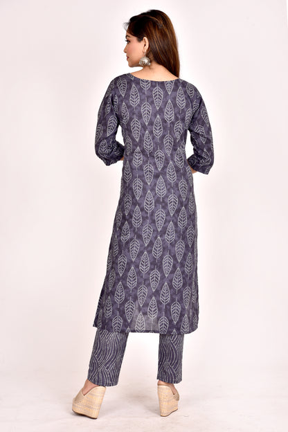 Charcoal Grey Leaf Print Kurta With Pant