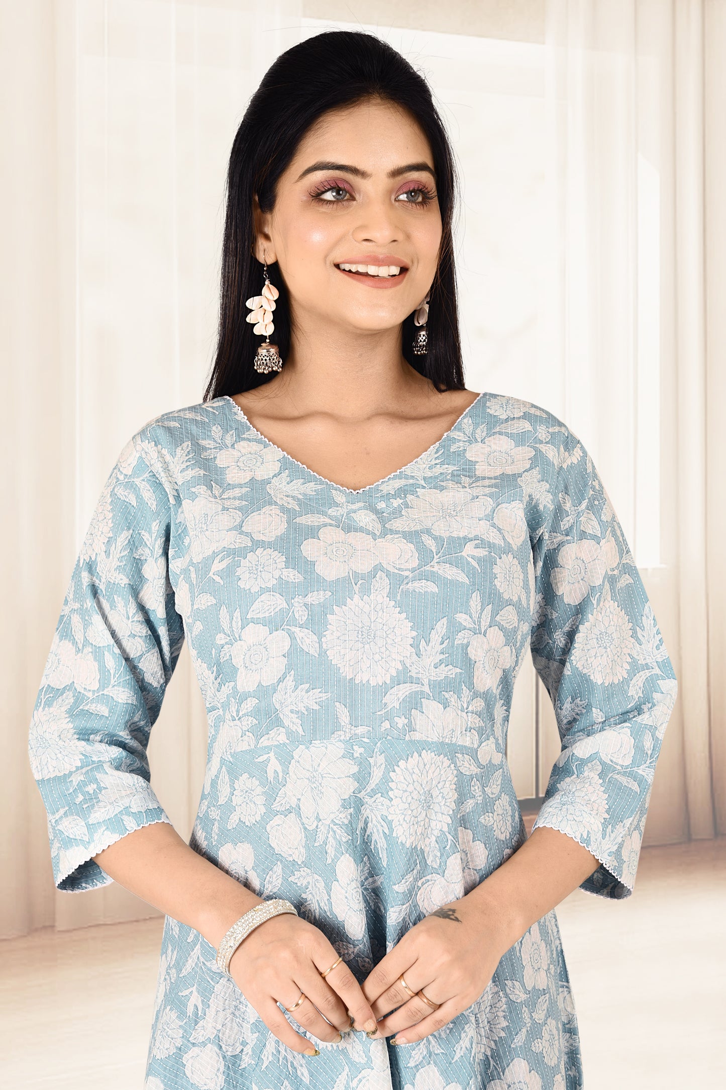 Soft Blue Floral Print Flared Kurta with Threadwork