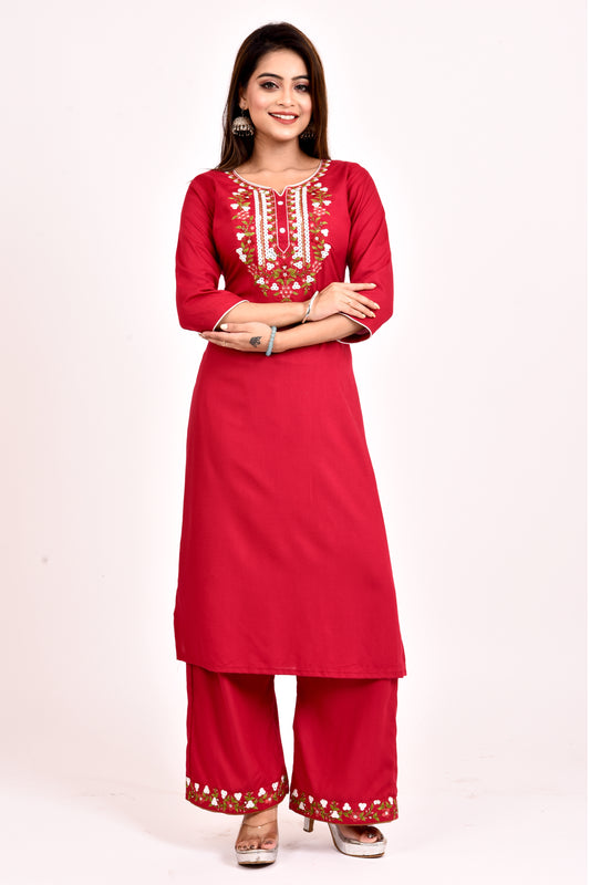 Red Floral Embroidered Kurta With Palazzo