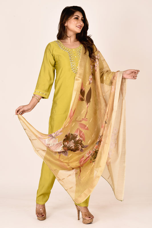 Lime Green Hand Embroidered Kurta With Pant & Dupatta