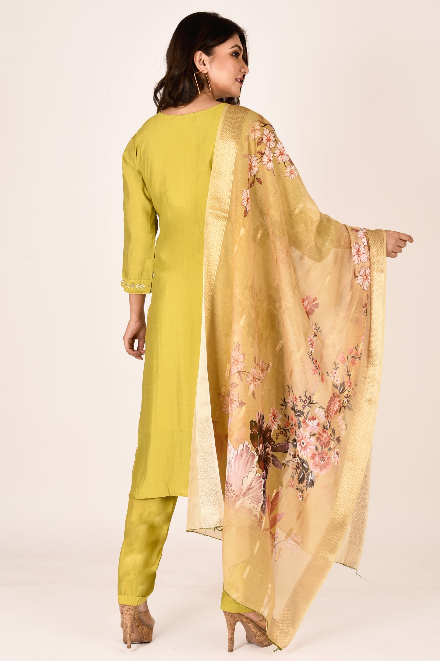 Lime Green Hand Embroidered Kurta With Pant & Dupatta