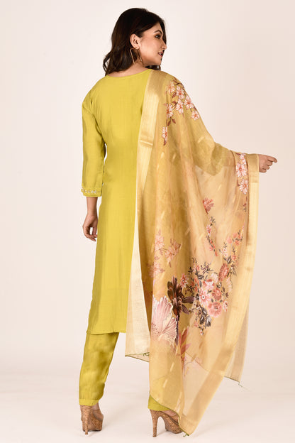 Lime Green Hand Embroidered Kurta With Pant & Dupatta