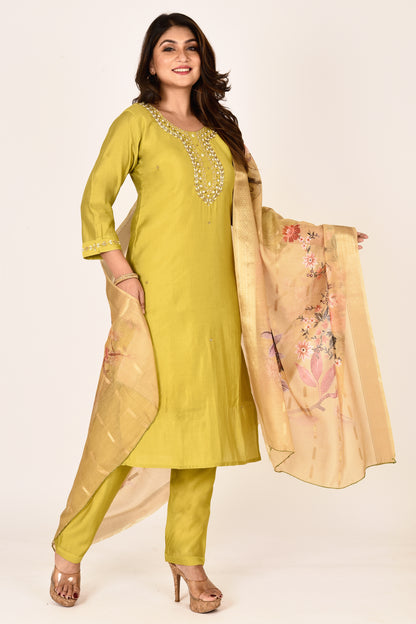 Lime Green Hand Embroidered Kurta With Pant & Dupatta