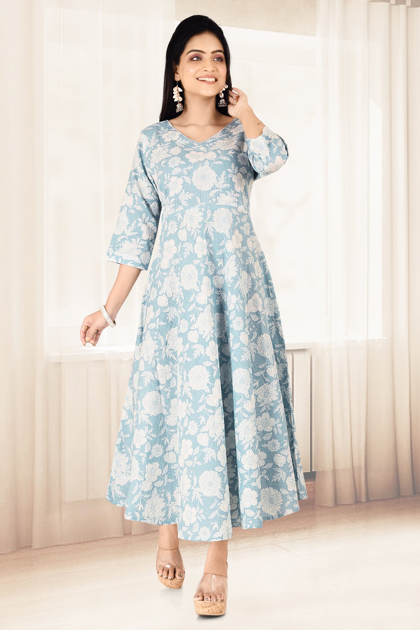 Soft Blue Floral Print Flared Kurta with Threadwork