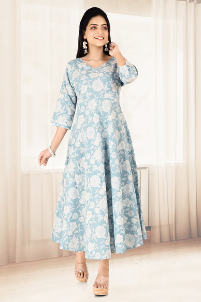 Soft Blue Floral Print Flared Kurta with Threadwork