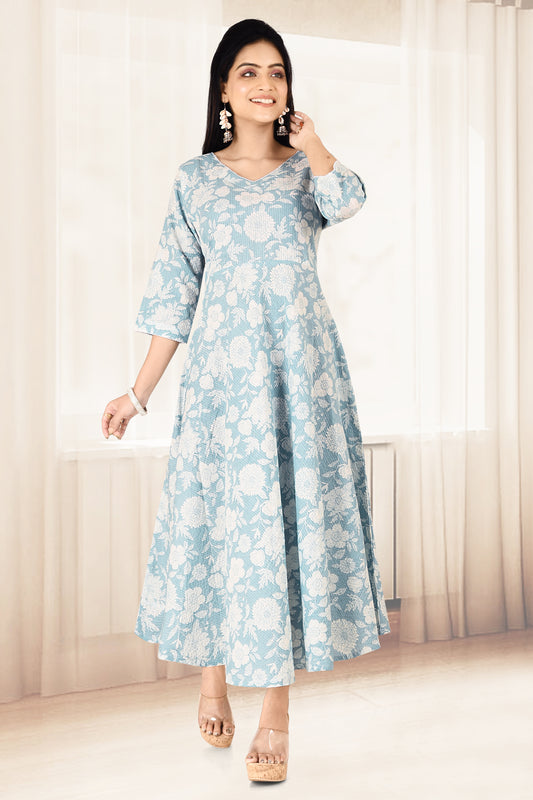 Soft Blue Floral Print Flared Dress with Threadwork