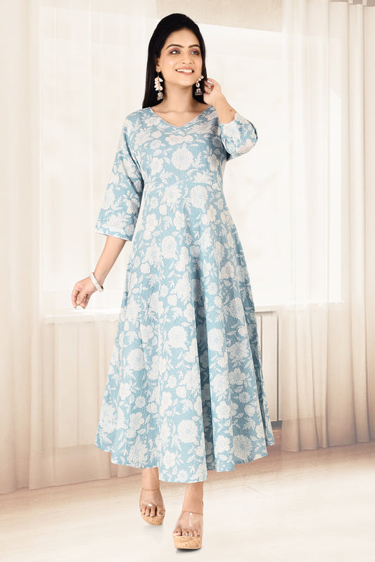 Soft Blue Floral Print Flared Kurta with Threadwork