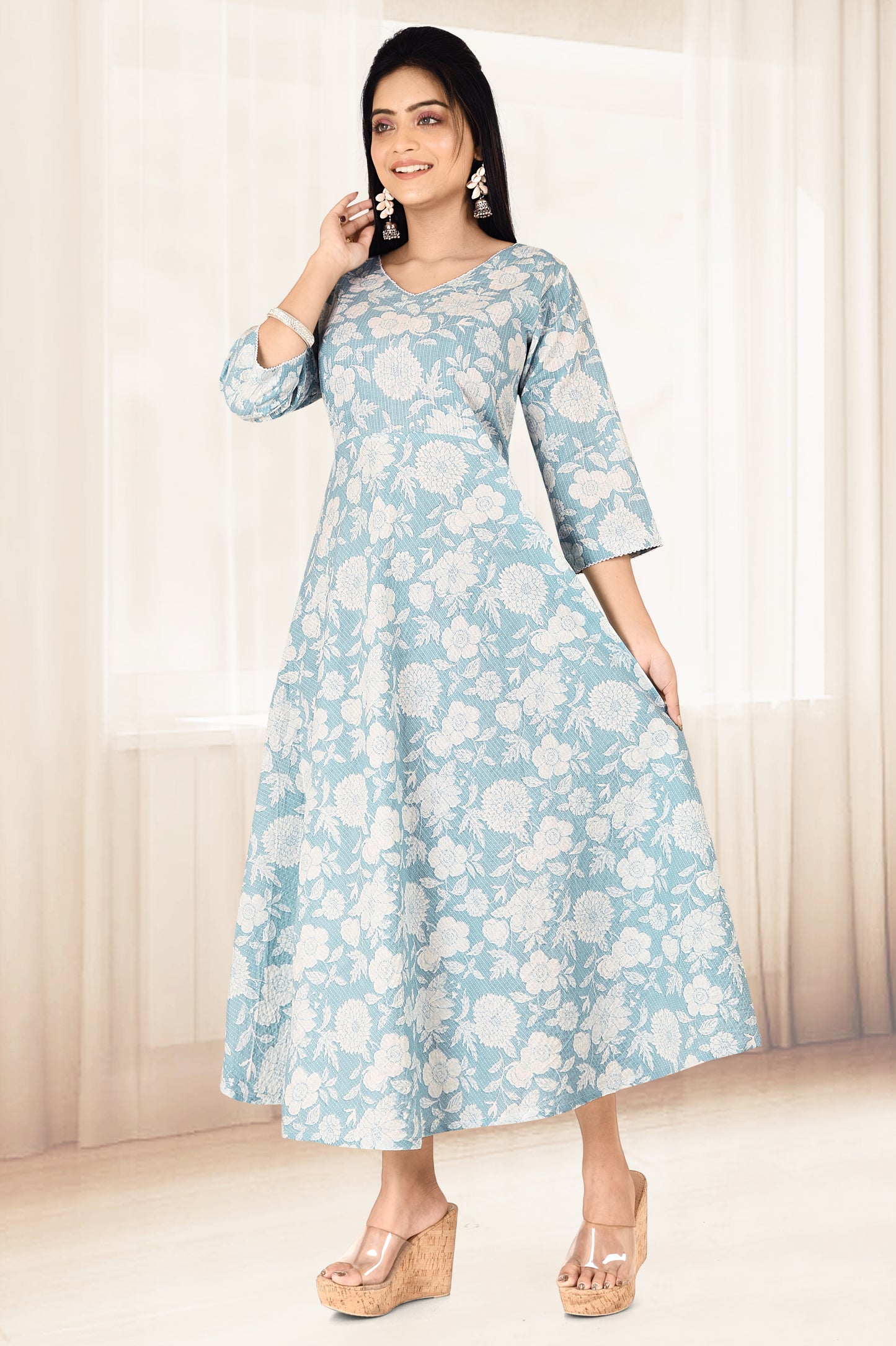 Soft Blue Floral Print Flared Kurta with Threadwork