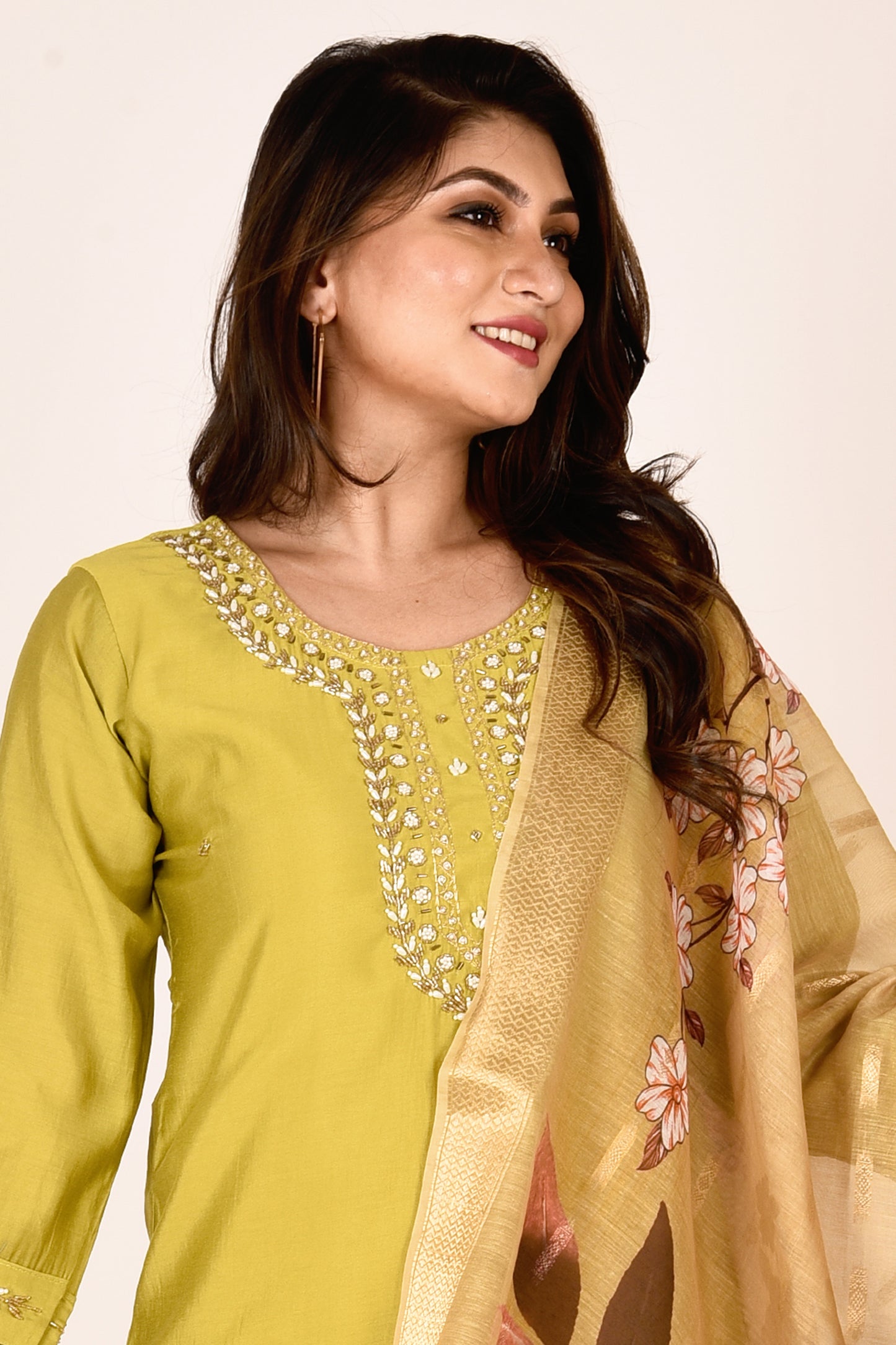 Lime Green Hand Embroidered Kurta With Pant & Dupatta