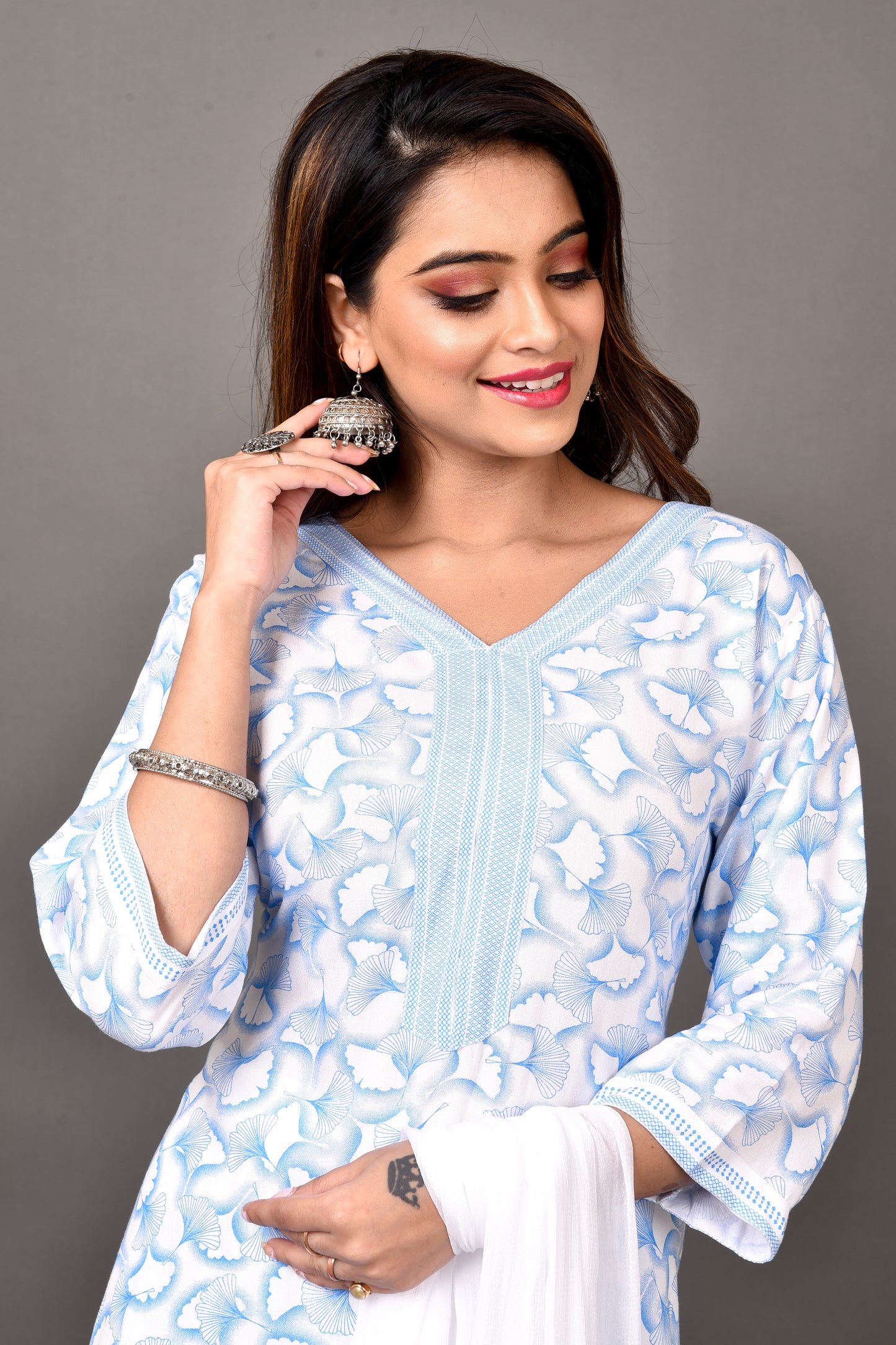 Blue Gingko Leaf Print Kurta With Pant & Dupatta