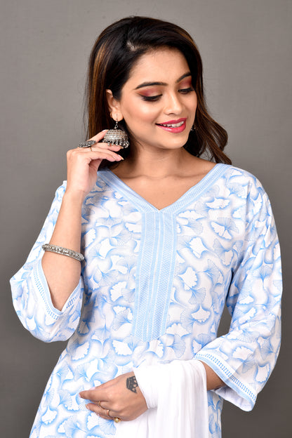 Blue Gingko Leaf Print Kurta With Pant & Dupatta