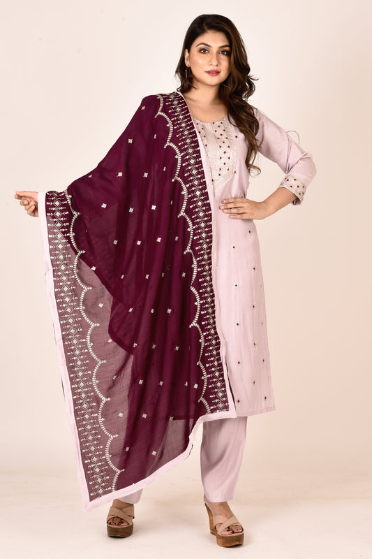 Lilac Embroidered Kurta With Pant & Dupatta