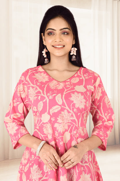 Candy Pink Floral Print Flared Kurta