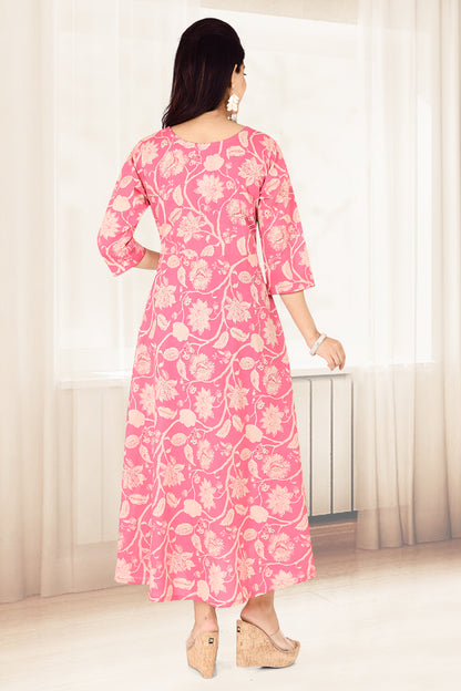 Candy Pink Floral Print Flared Kurta