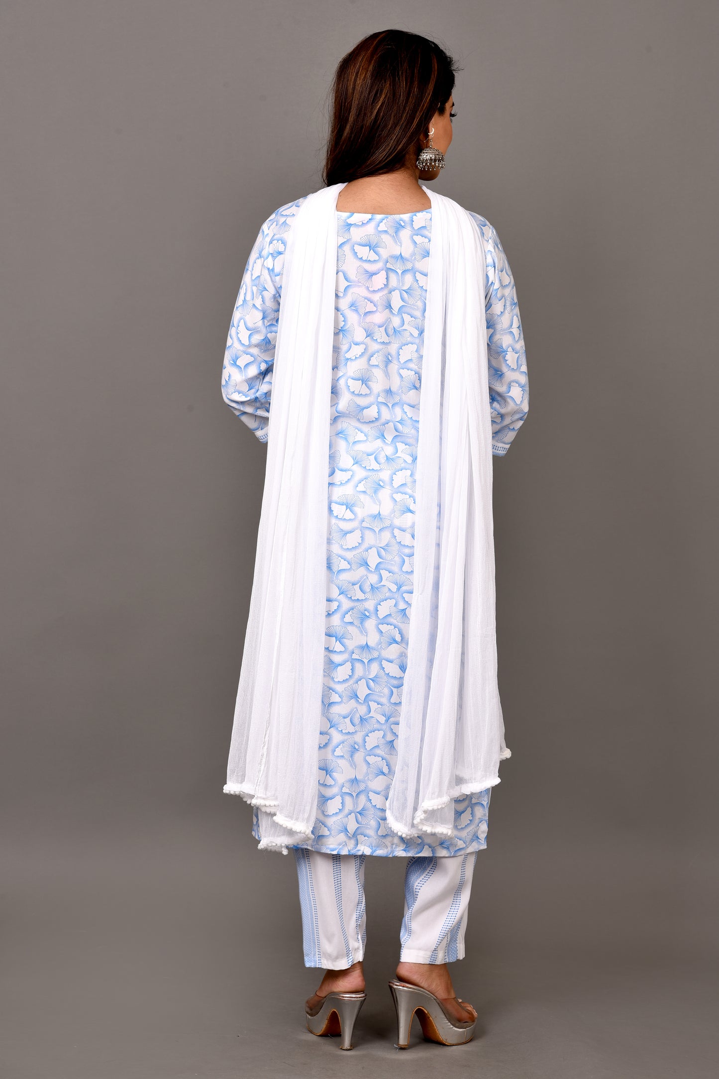 Blue Gingko Leaf Print Kurta With Pant & Dupatta