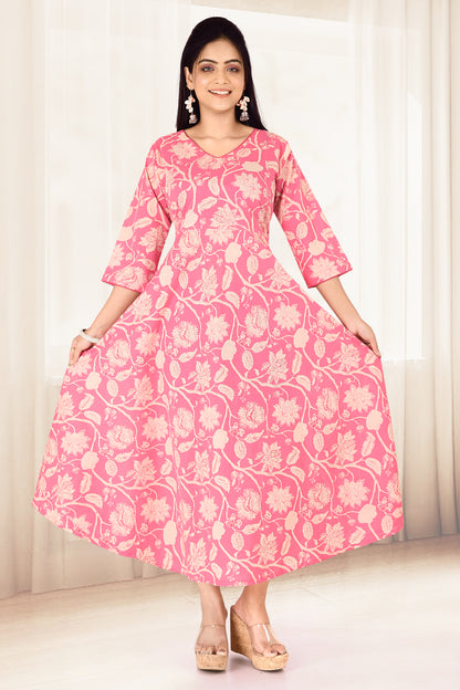 Candy Pink Floral Print Flared Kurta