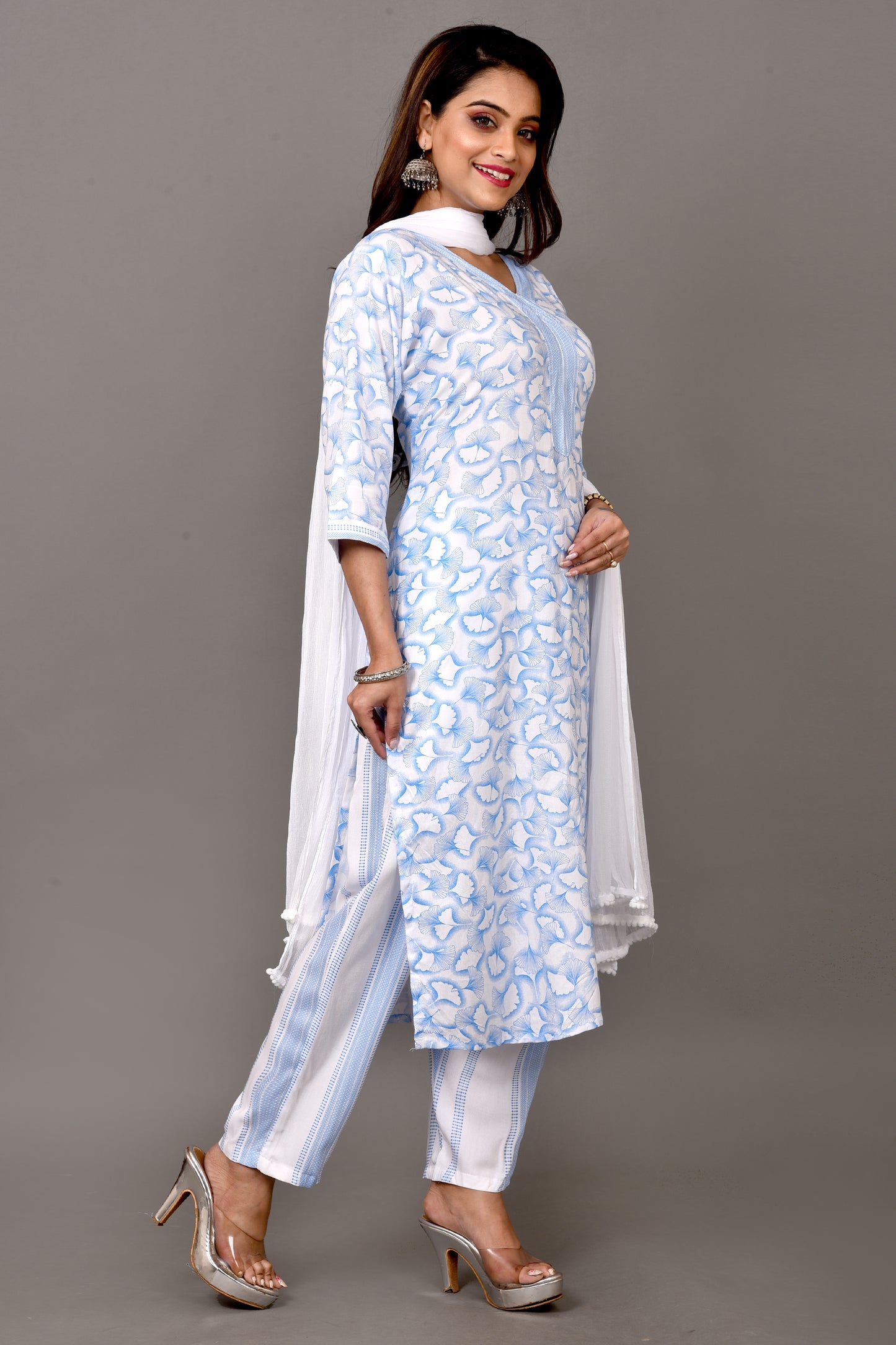 Blue Gingko Leaf Print Kurta With Pant & Dupatta