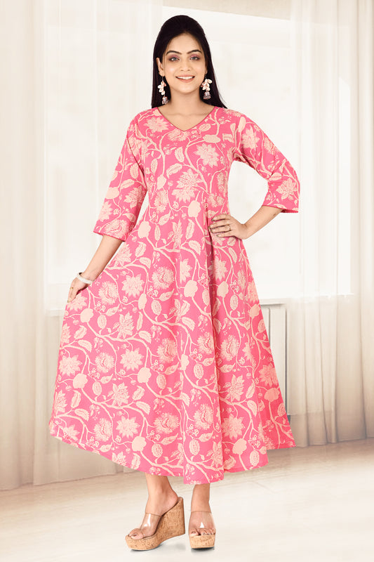 Candy Pink Floral Print Flared Dress