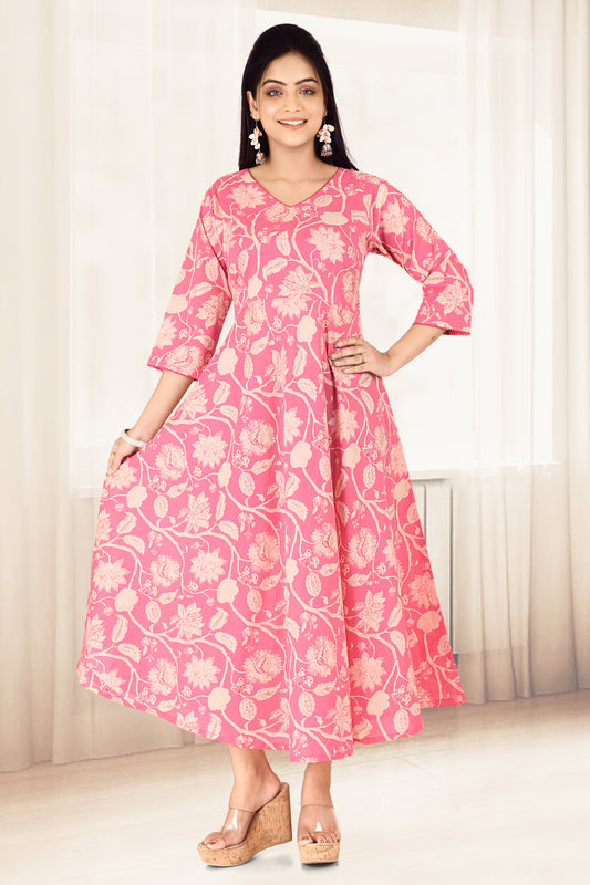 Candy Pink Floral Print Flared Kurta