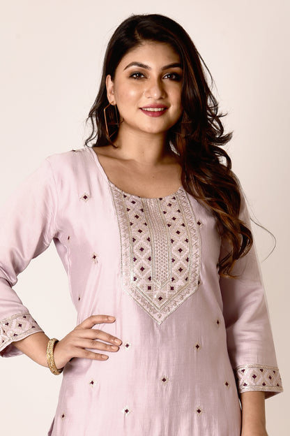 Lilac Embroidered Kurta With Pant & Dupatta