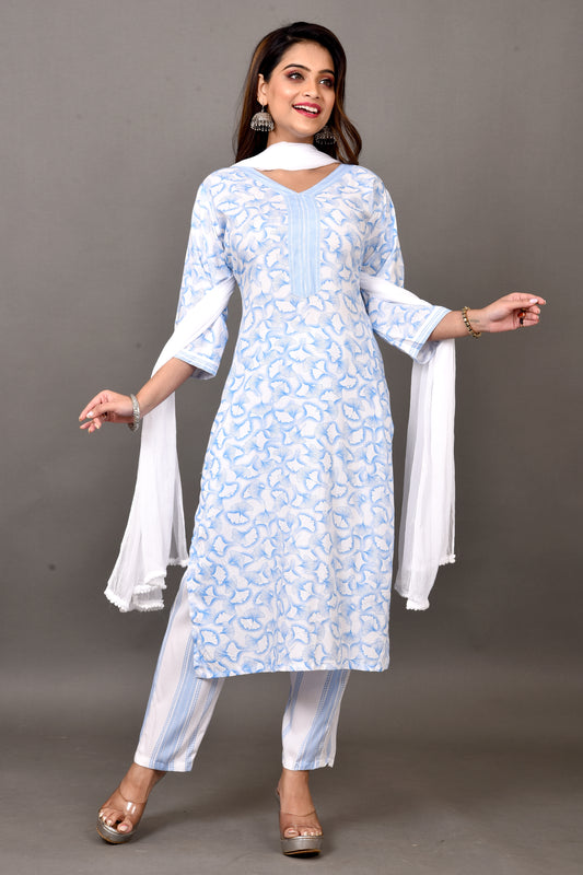 Blue Gingko Leaf Print Kurta With Pant & Dupatta