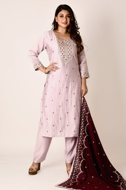 Lilac Embroidered Kurta With Pant & Dupatta