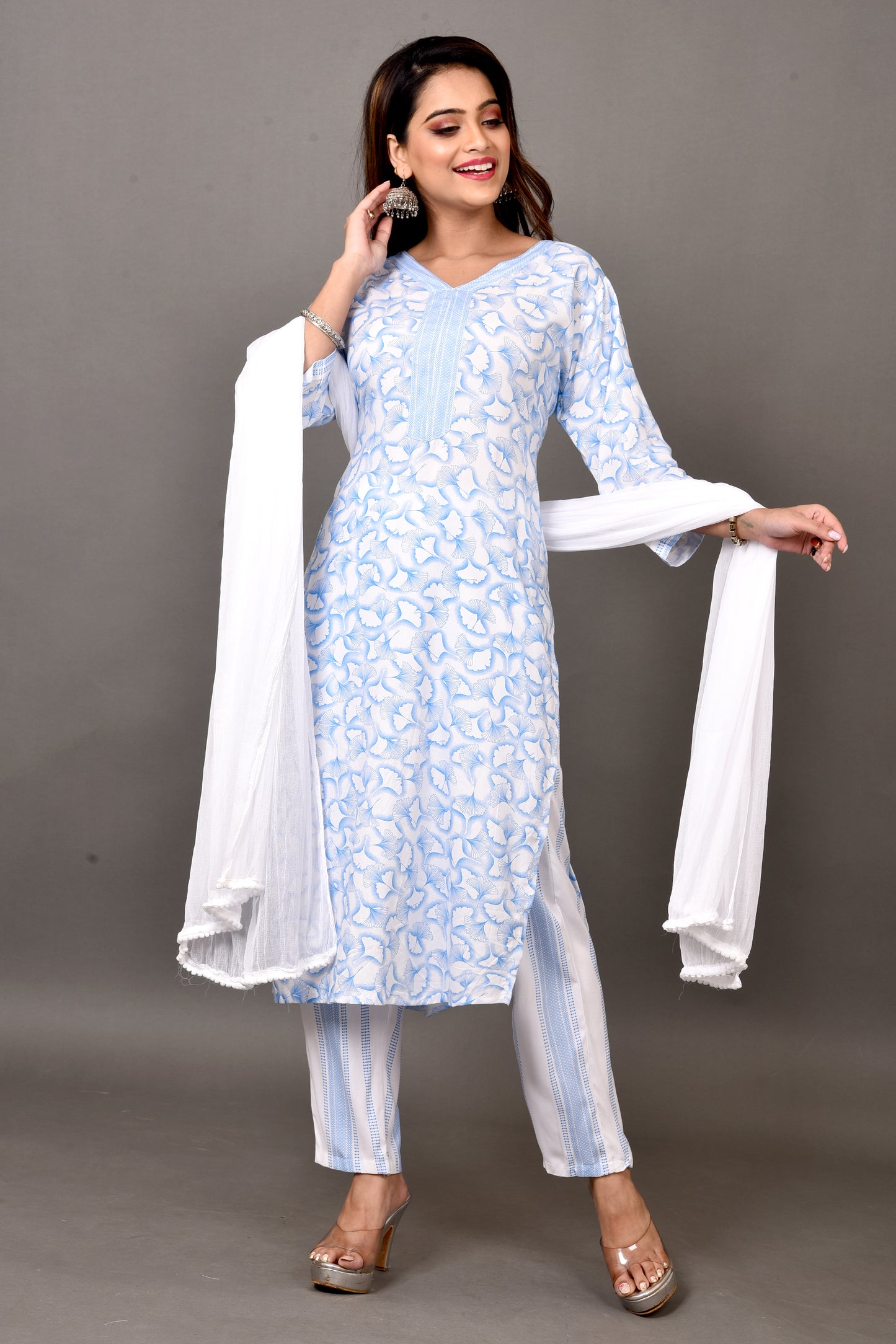 Blue Gingko Leaf Print Kurta With Pant & Dupatta