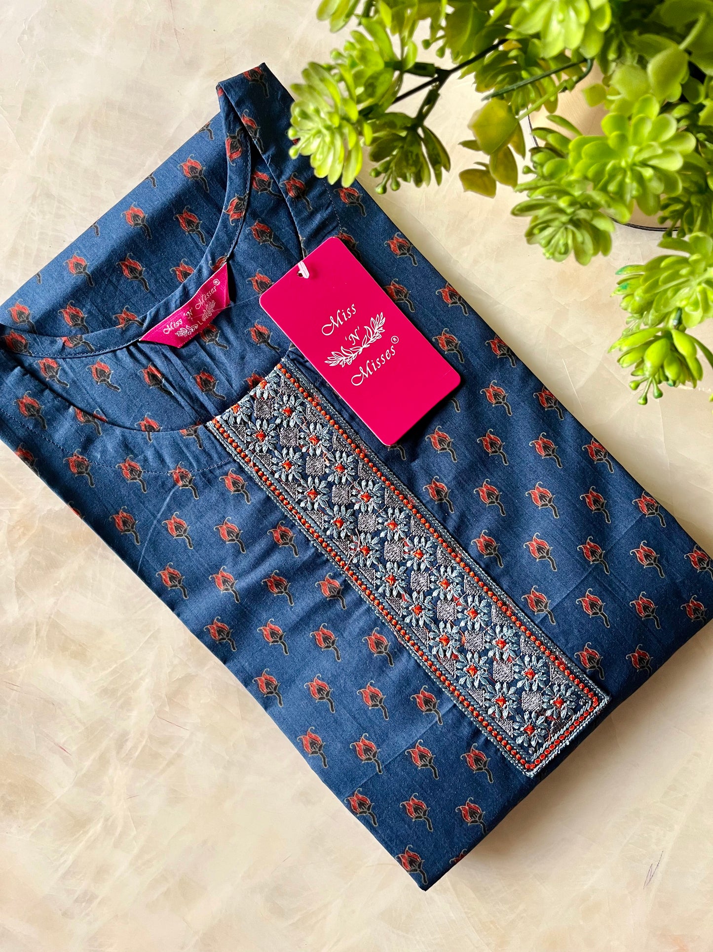 Blue Floral Embroidered Straight Kurta