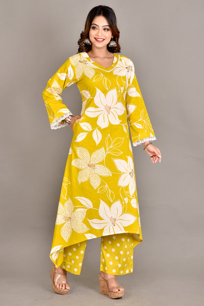 Yellow Floral Print A-Line Kurta With Pant