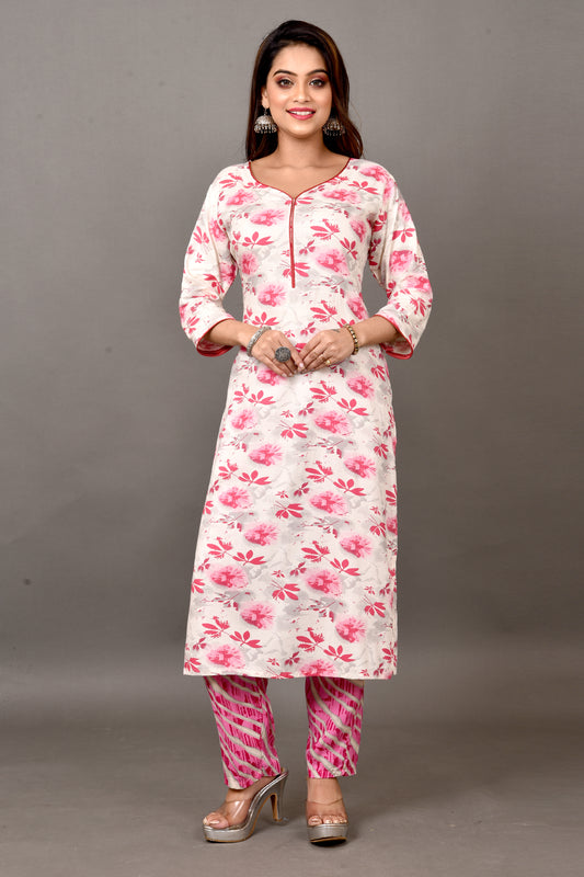 Off-White & Pink Floral Print Kurta With Pant