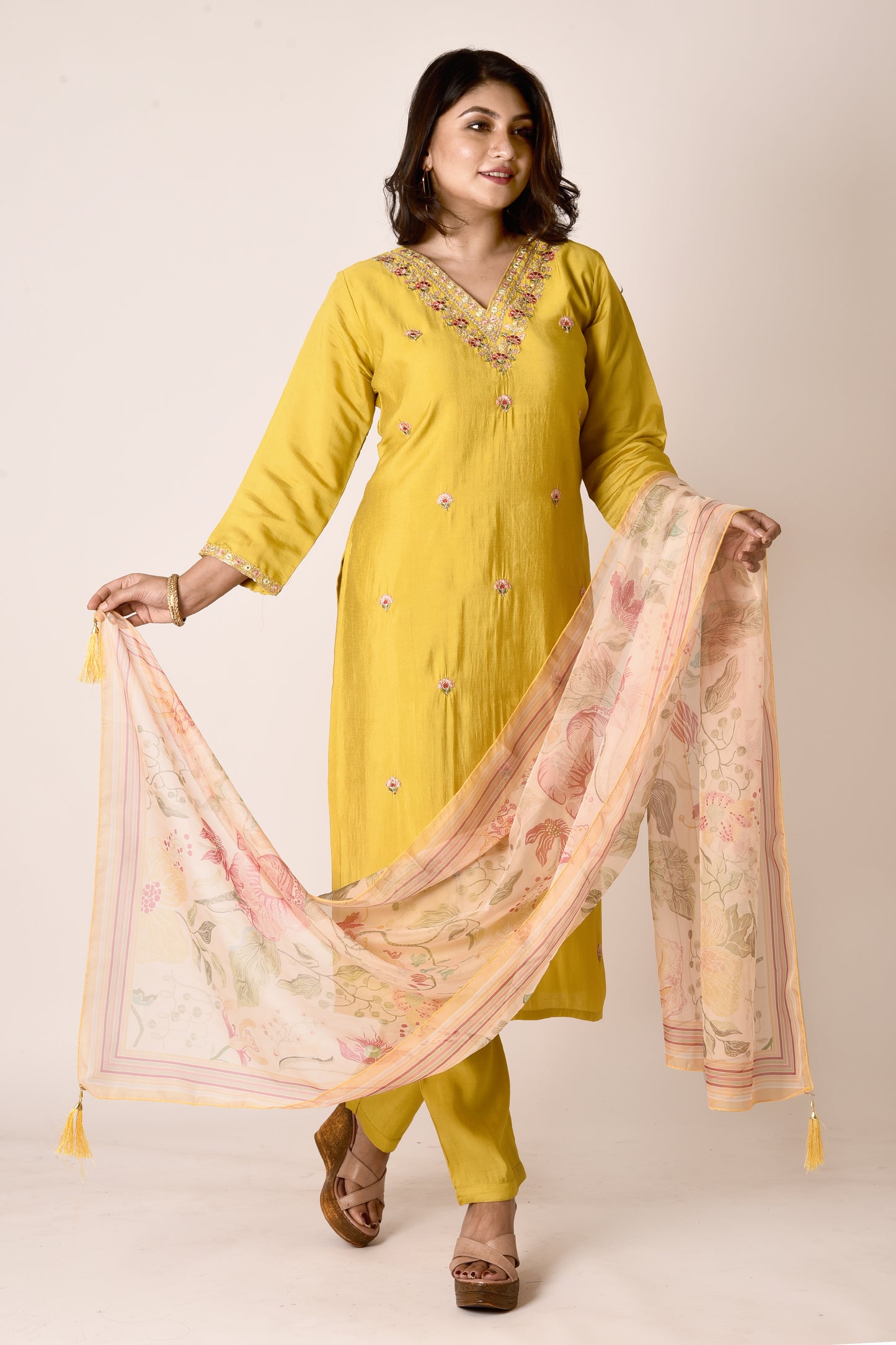 Yellow Embroidered Kurta With Pant & Dupatta