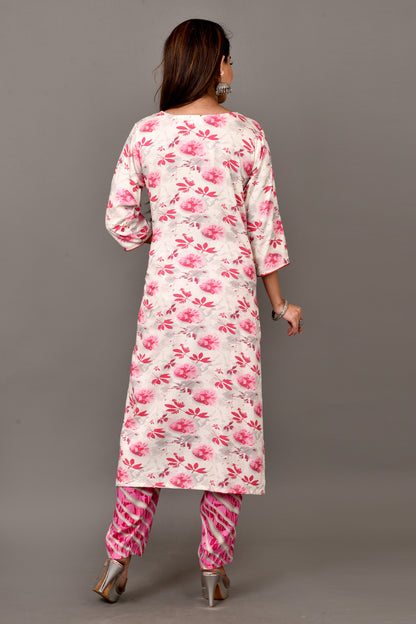 Off-White & Pink Floral Print Kurta With Pant