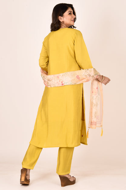 Yellow Embroidered Kurta With Pant & Dupatta