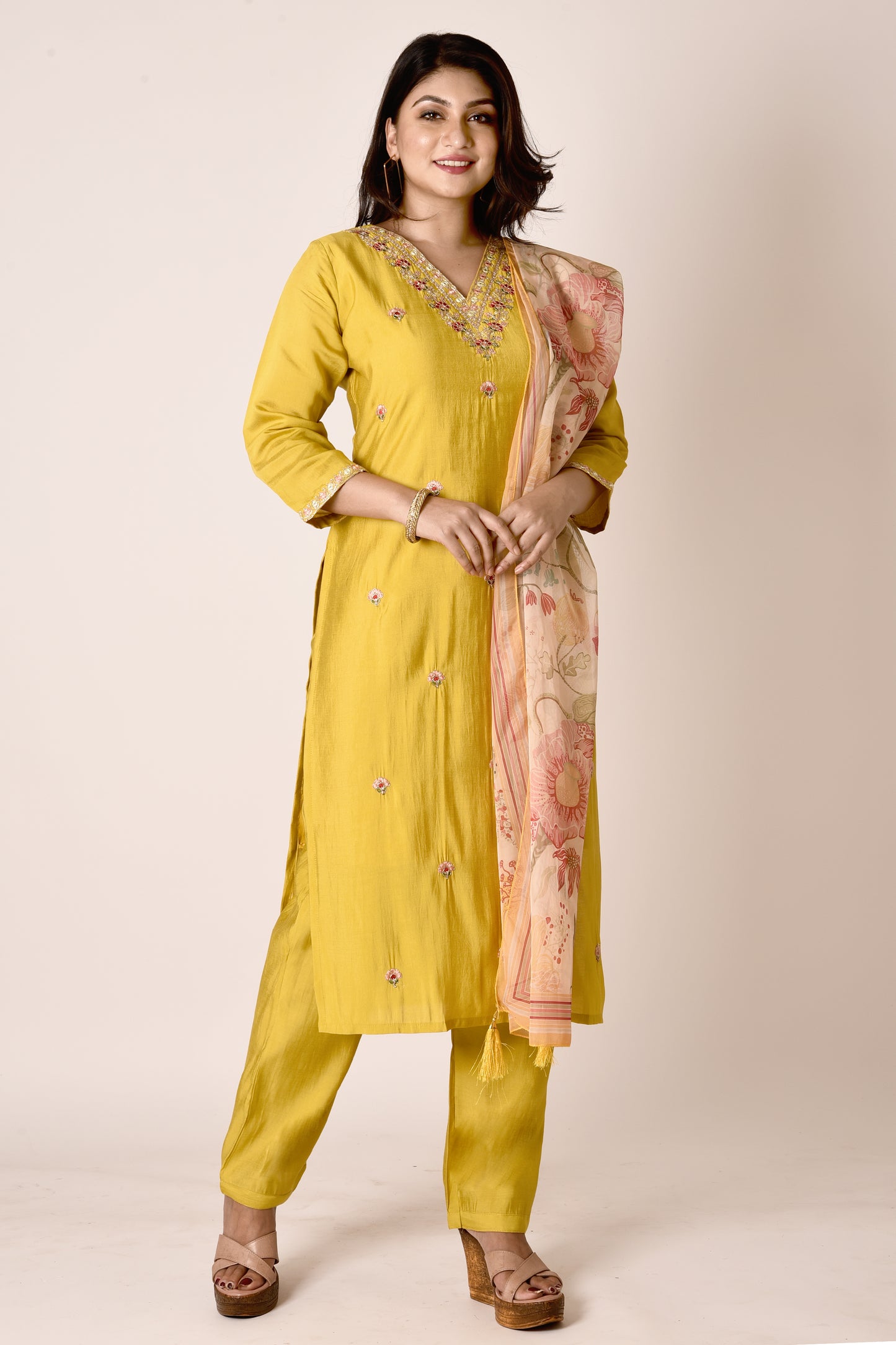 Yellow Embroidered Kurta With Pant & Dupatta