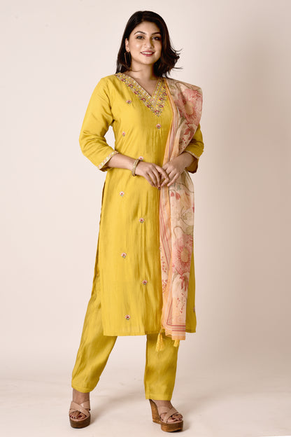 Yellow Embroidered Kurta With Pant & Dupatta