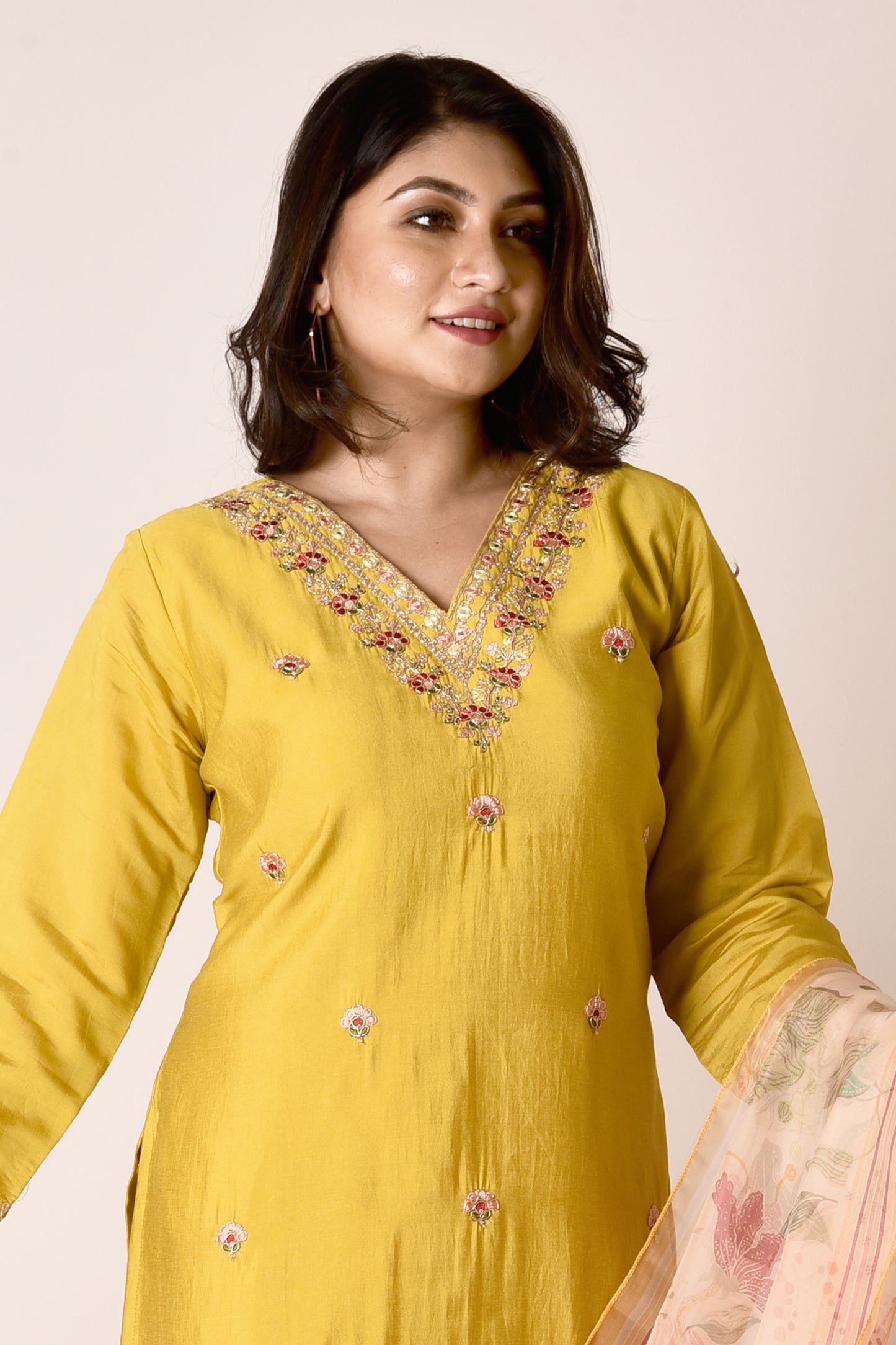 Yellow Embroidered Kurta With Pant & Dupatta