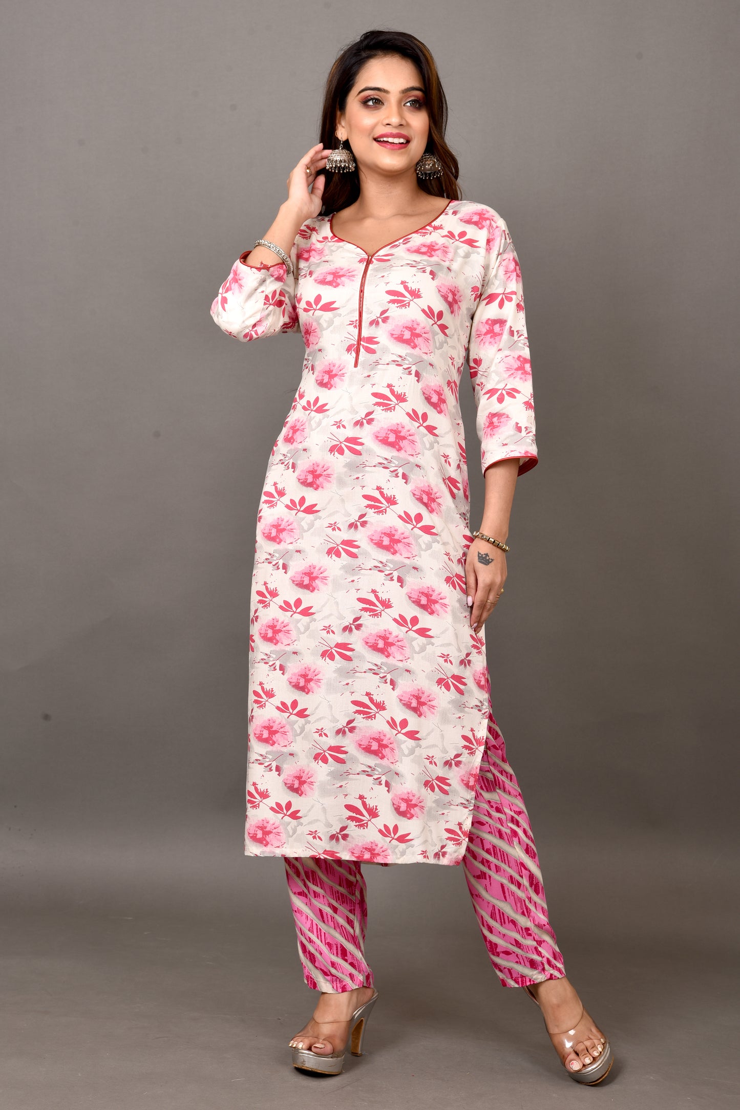 Off-White & Pink Floral Print Kurta With Pant