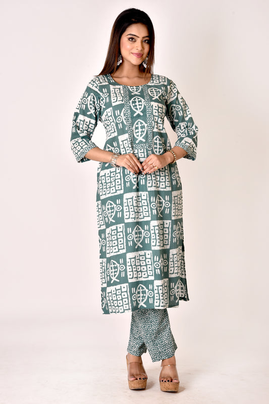 Brook Green Fish Print Kurta With Pant