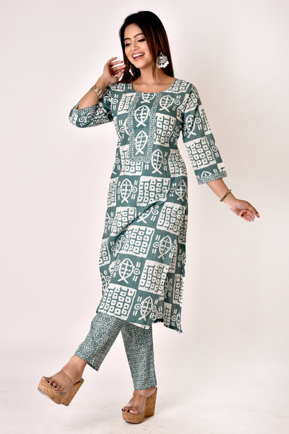 Brook Green Fish Print Kurta With Pant