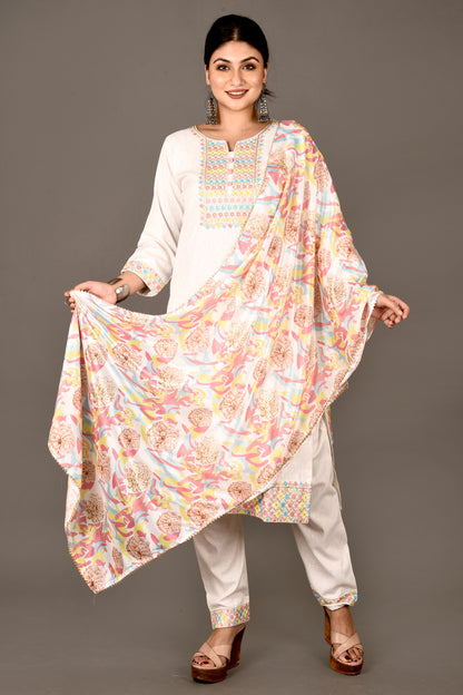 Off-White Embroidered Kurta With Pant & Dupatta