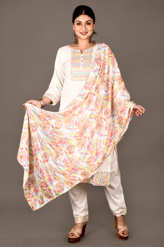 Off-White Embroidered Kurta With Pant & Dupatta