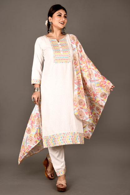 Off-White Embroidered Kurta With Pant & Dupatta