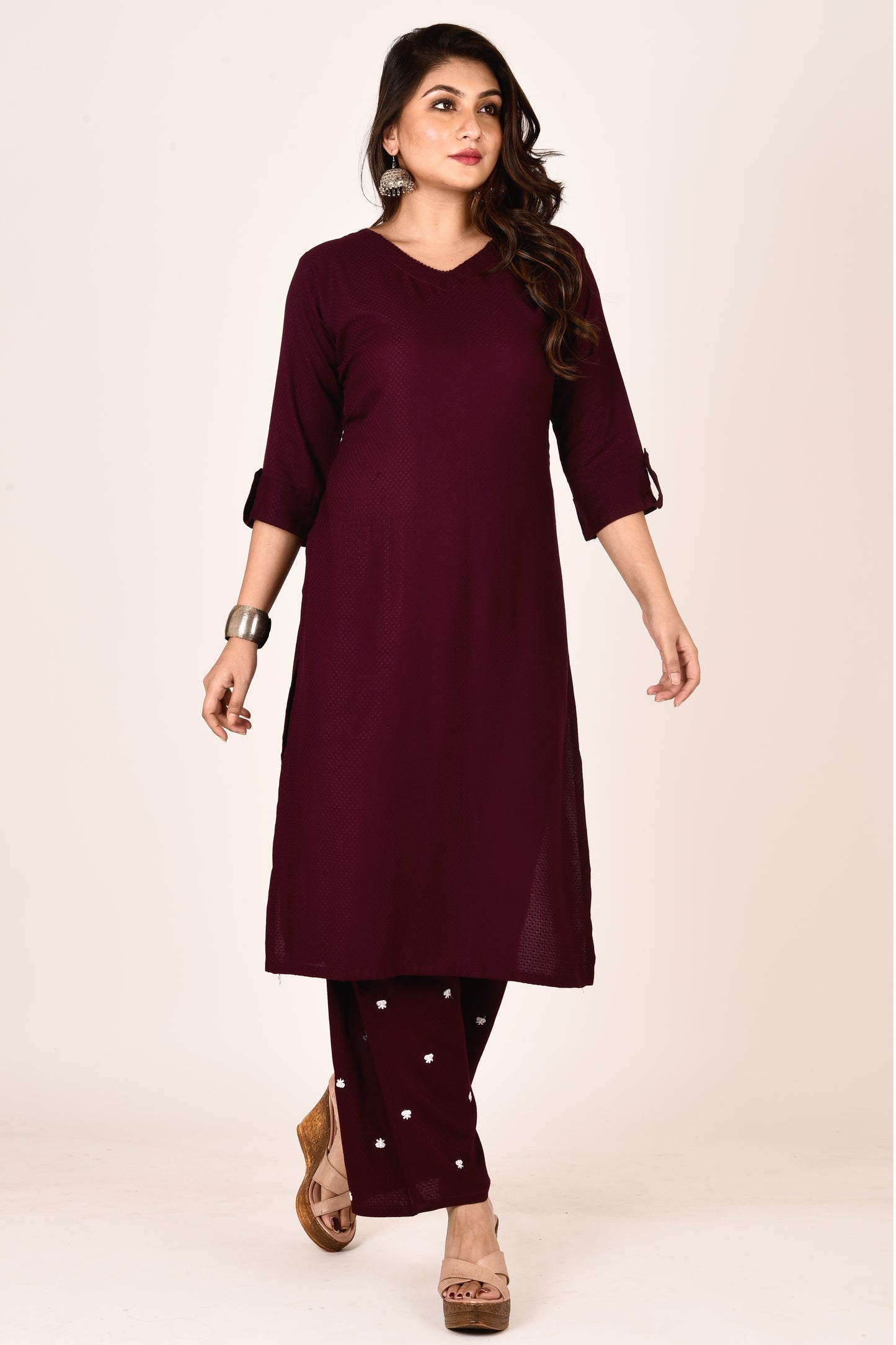 Purple Self Design Kurta With Embroidered Pant