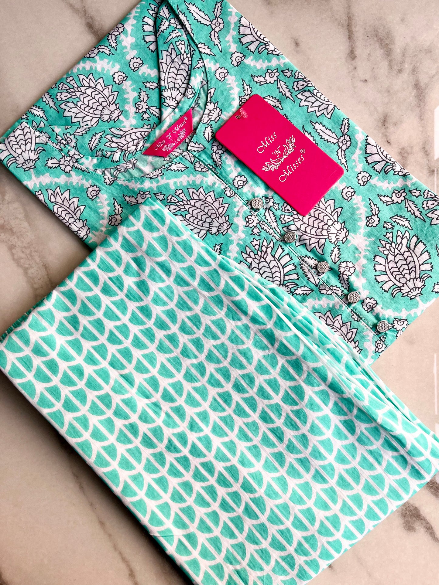 Turquoise Green Floral Print Kurta With Pant