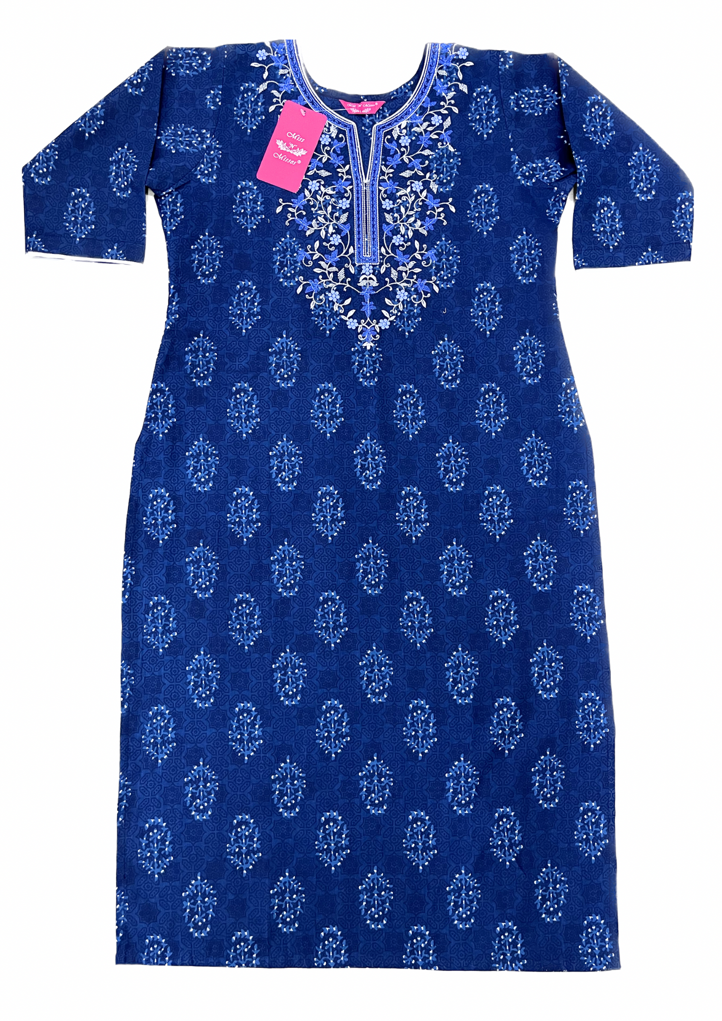 Navy Blue Floral Embroidered Straight Kurta