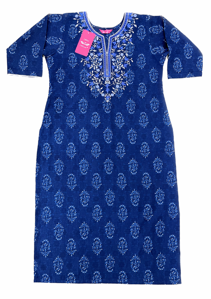 Navy Blue Floral Embroidered Straight Kurta