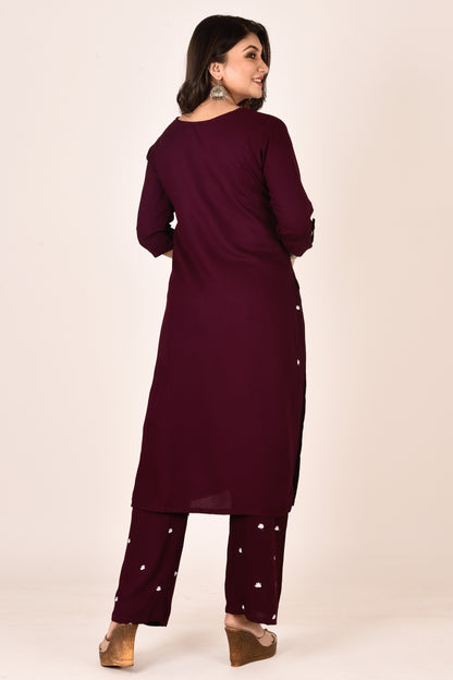 Purple Self Design Kurta With Embroidered Pant