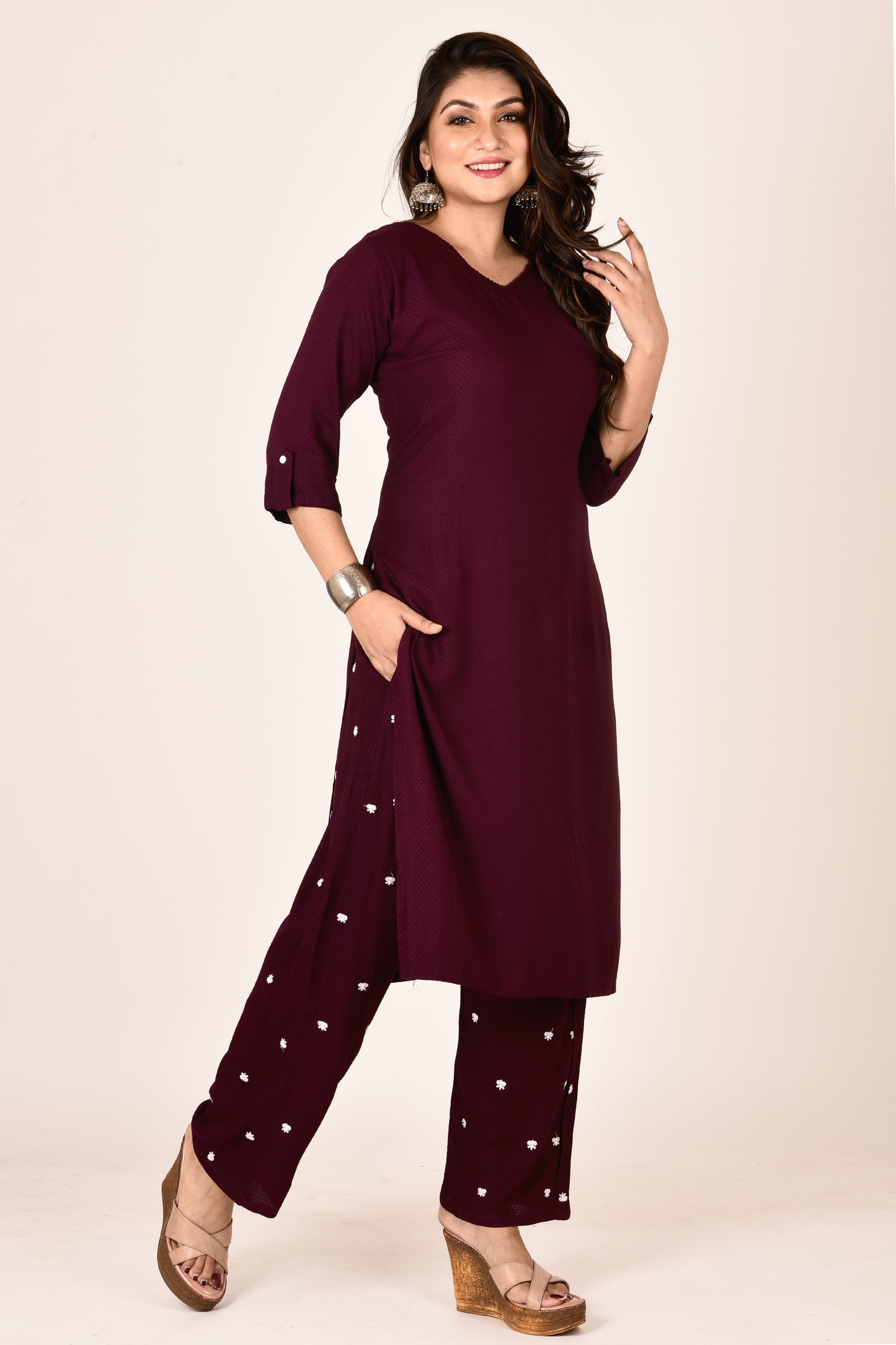 Purple Self Design Kurta With Embroidered Pant