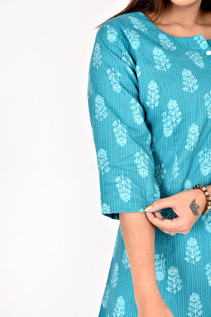 Aqua Blue Floral Print A-Line Kurta With Pant